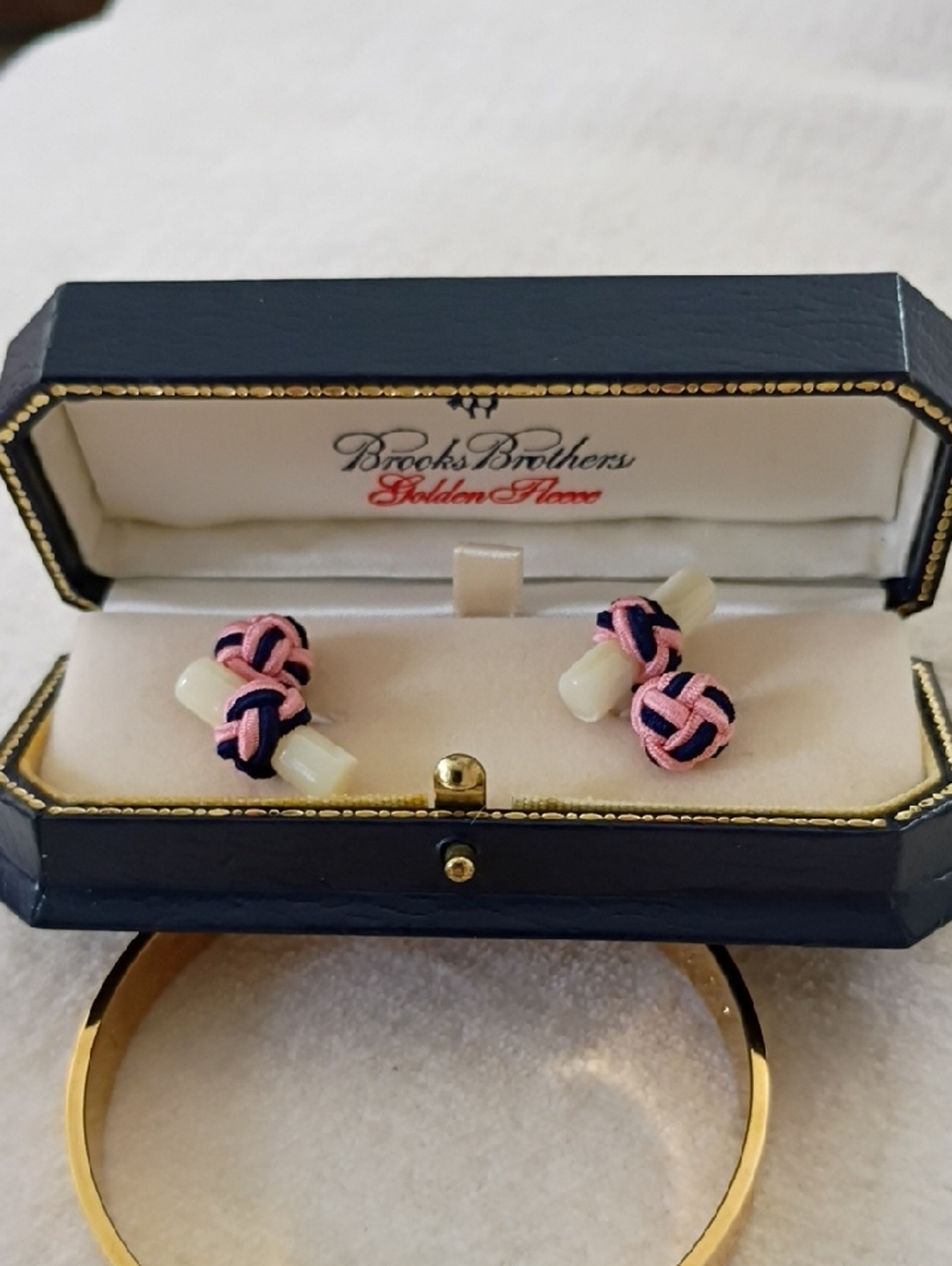 Brooks Brothers Pink and Navy Silk Knot Cufflinks with Mother-of-Pearl Bars